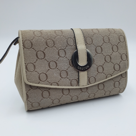 Oroton Cream/Beige Canvas Leather Cosmetic Bag Make Up Case - Picture 6 of 16